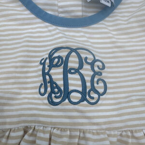 ‘KEB’ Initials Monogrammed SaGrace Smocks Matching Set 12M Beige Blue Striped